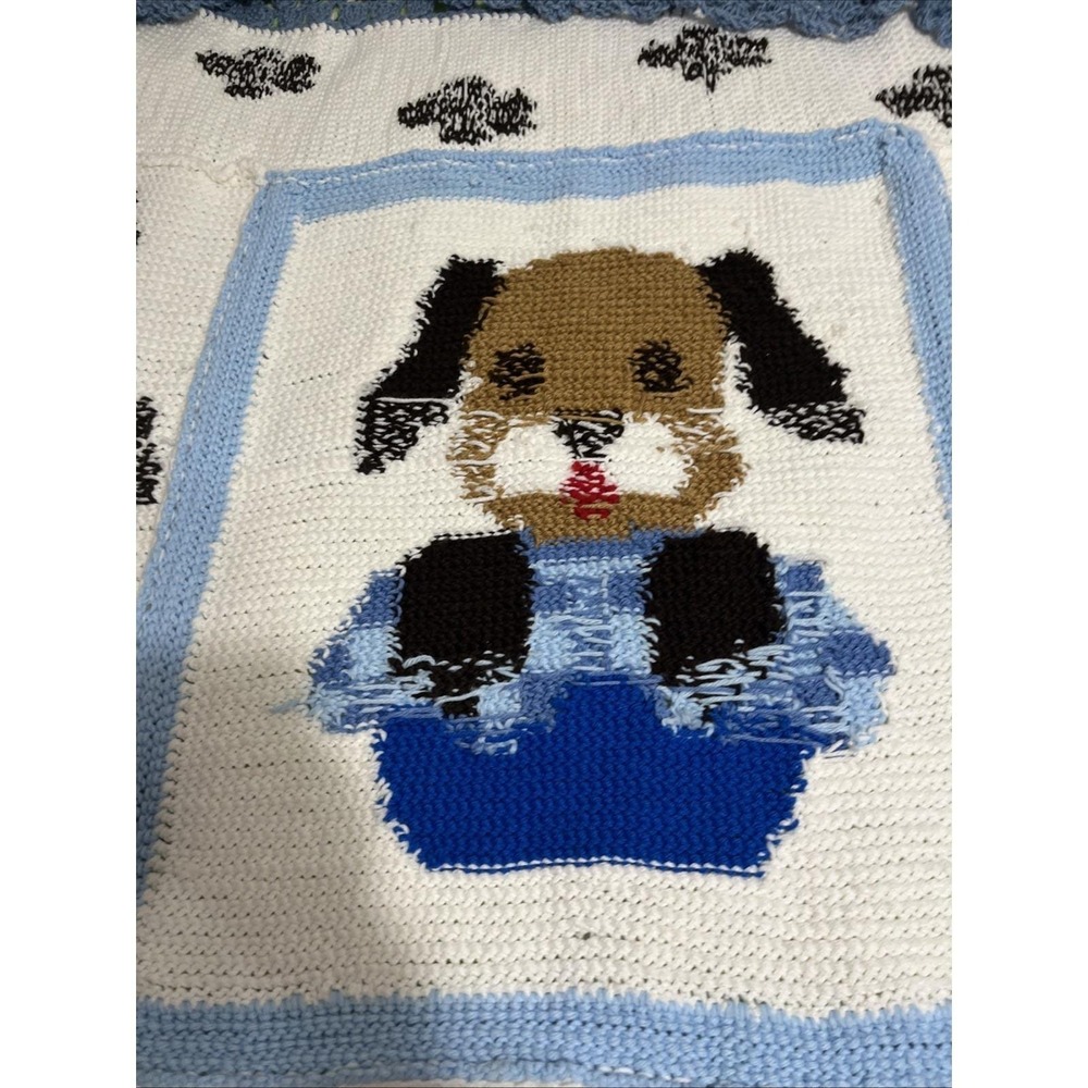 Crochet Blue White Brown Baby Blanket Afghan Handmade Puppy Dog 50x60" - Picture 8 of 10